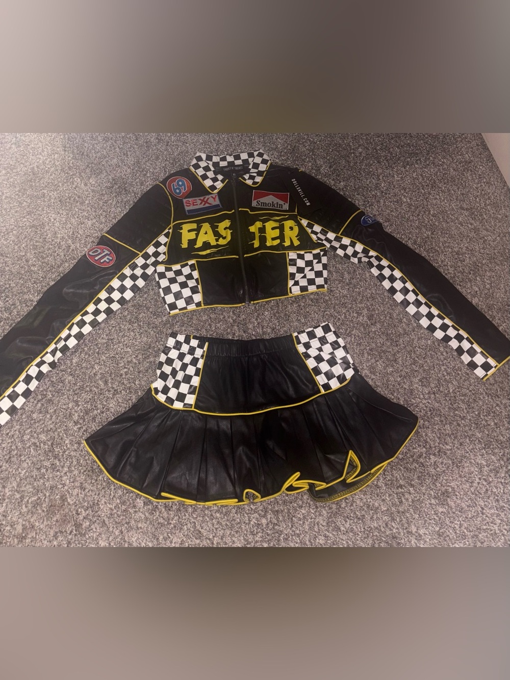 Racing-Inspired 'Faster' Black & Yellow Faux Leather Two-Piece Set